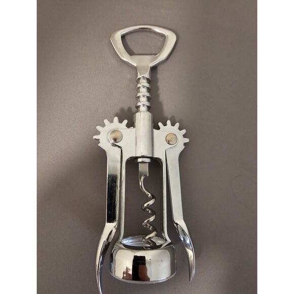 Silver Corkscrew Wine Bottle Opener w/Fins - Push Down - 6-1/4" - Used - Picture 4 of 8